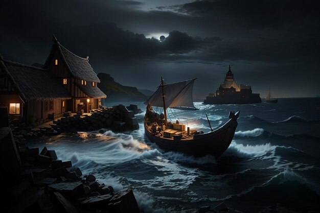 Photo a viking longship approaching a coastal village under the cover of darkness for a raid