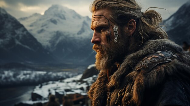 Photo viking man in the mountains