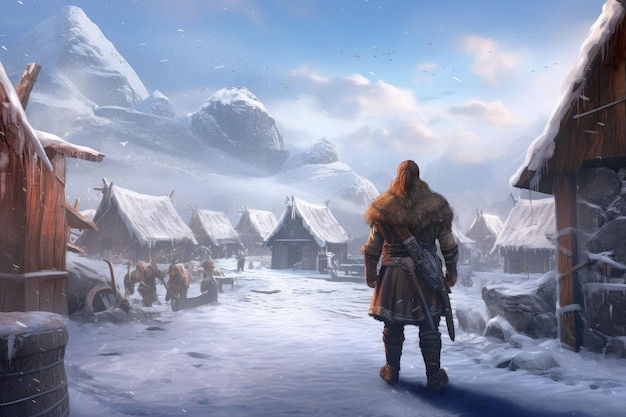 Viking man snow settlement Generate Ai