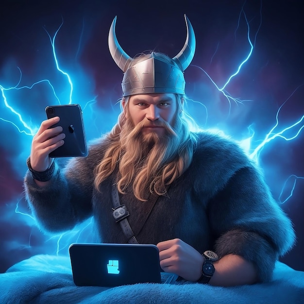 Viking man with tech device holding a smartphone with blue lightning on black background