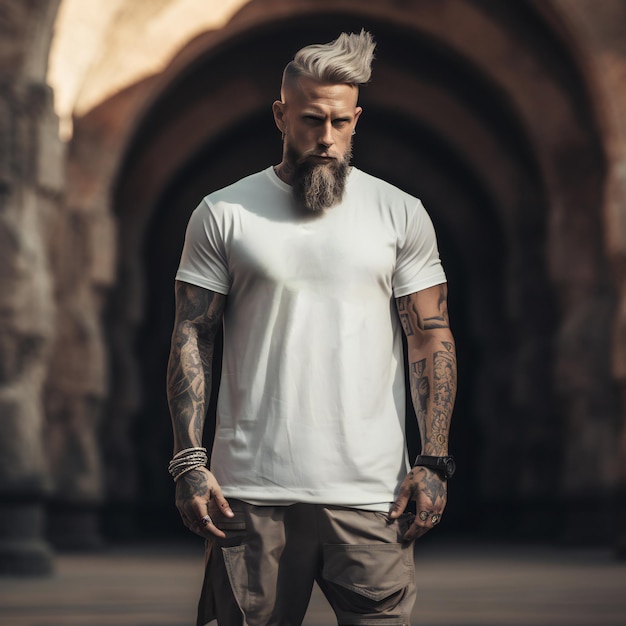 Viking-model in wit T-stuk en afbeelding van futuristische tatoeages