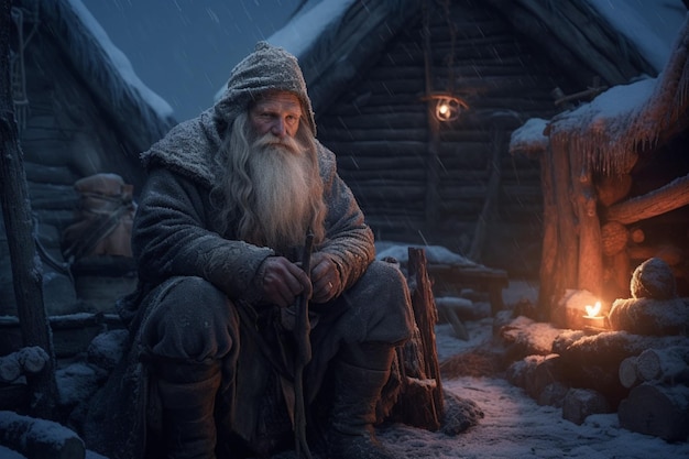 Viking old man snow settlement