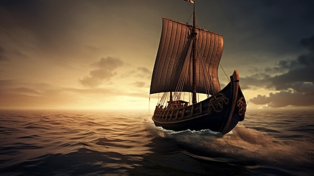 Viking ship sailing on calm sea with waves