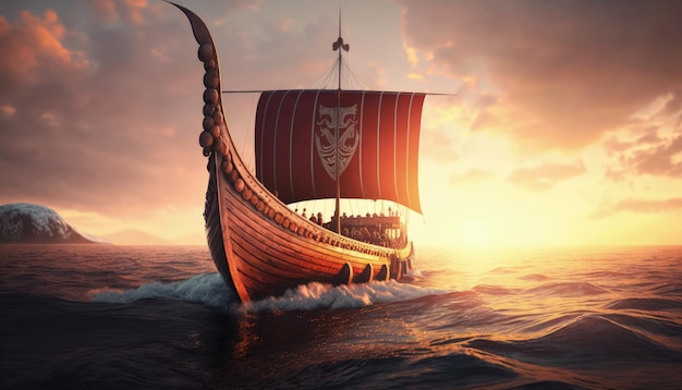 Photo viking ship sailing at sunset viking boat ai