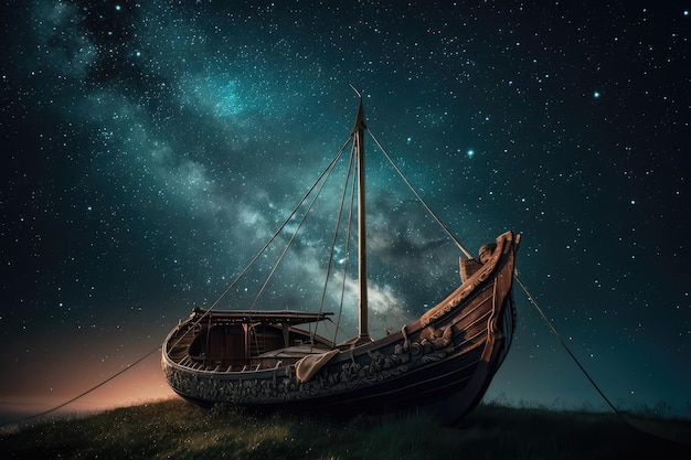 壮大な天体の景色を背景に、星々の間を航行するバイキング船