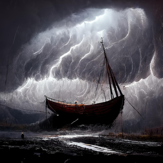 Viking ship in a storm