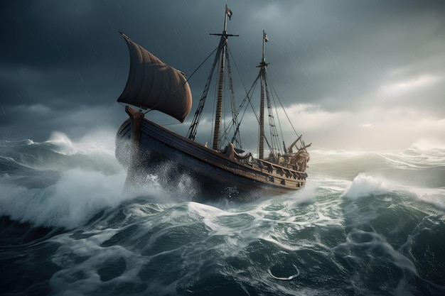 Viking ship on stormy sea with waves crashing over the bow