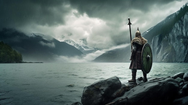 A viking standing on a rock in front of a mountain