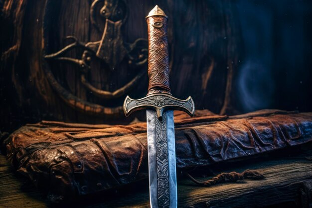 Viking sword rugged and battleworn lying against a wooden shield