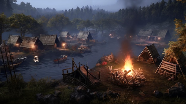 Viking village with campfire generated by AI