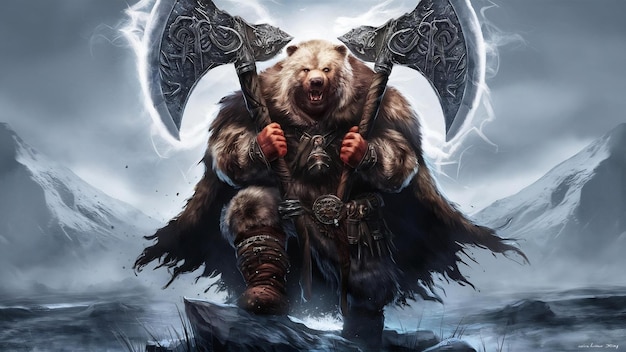 Viking warrior dressed in the skin of a bear with an axe