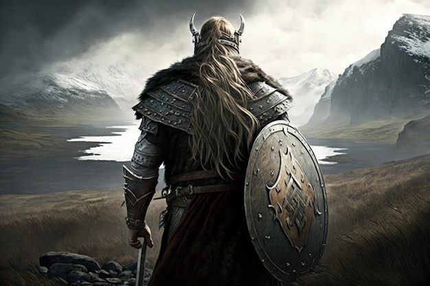 Воин-викинг с заднего пейзажа на заднем плане Генеративный ИИ