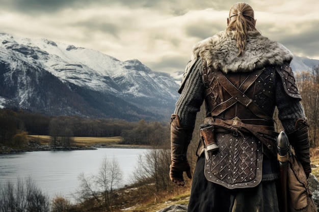 Viking warrior from the back with detailed armor Nordic landscape in the background Generative AI