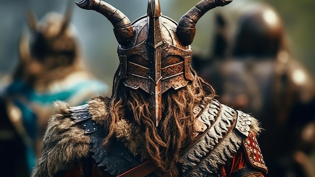 Viking warrior from the back with helmet Generative ai