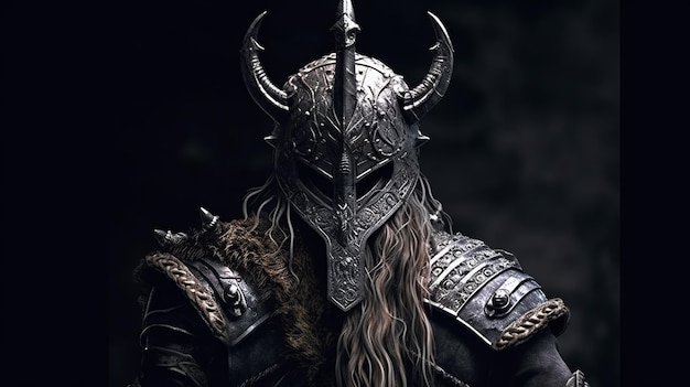 Viking warrior from the back with helmet Generative ai