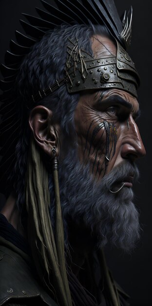 A Viking warrior semiprofile wrinkled face bright brown eyes Generate Ai