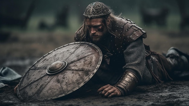 A viking warrior sits on the ground with a shield on his chest.