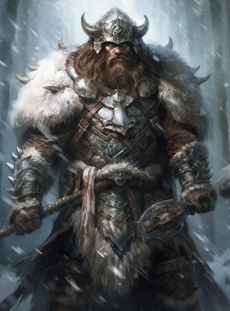 A viking warrior in a snowy forest