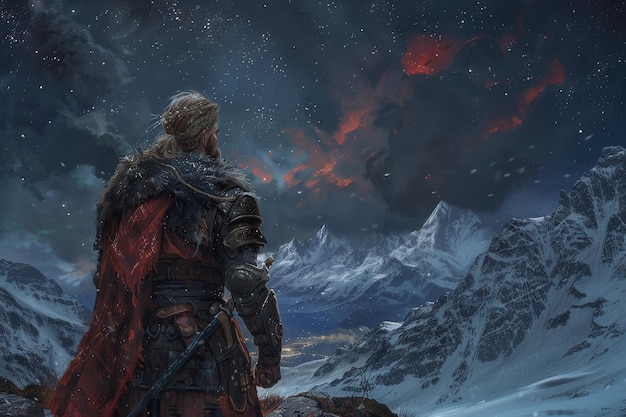 a viking warrior stands with their back to us silhouetted against towering mountains under a starry