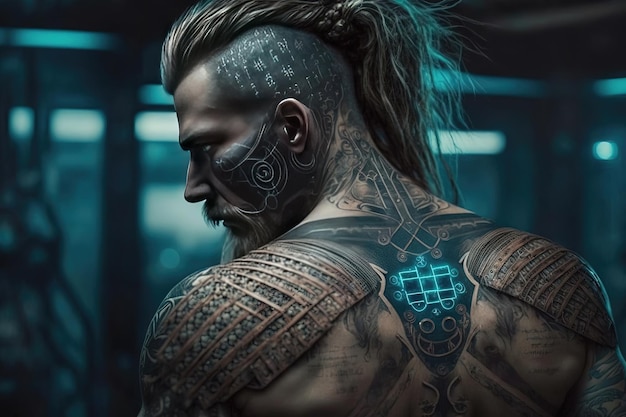 Foto guerriero vichingo nello stile del cyberpunk che fonde l'estetica aspra e grezza dell'antico norreno con elementi futuristici di intelligenza artificiale generativa