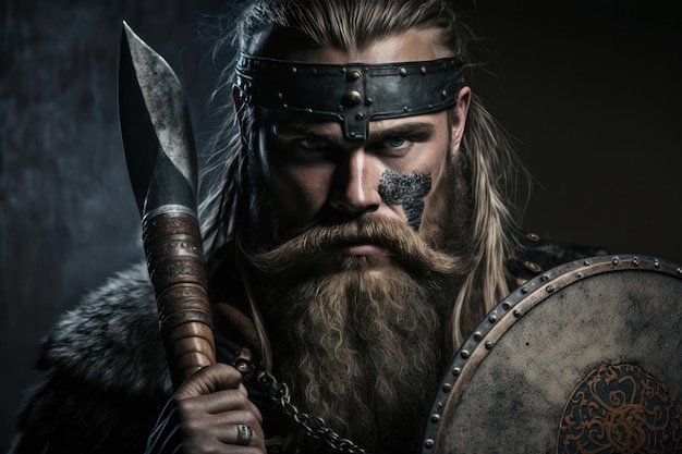 Viking warrior with black war paint holding his axe AI generation