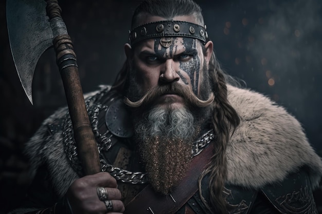 Viking warrior with black war paint holding his axe AI generation