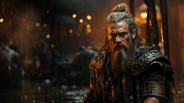 Воин-викинг с длинными волосами и бородой в доспехах под дождем
