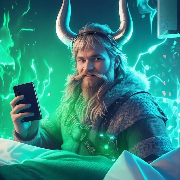 Viking warrior with tech device holding a smartphone with lightning bolt on green background