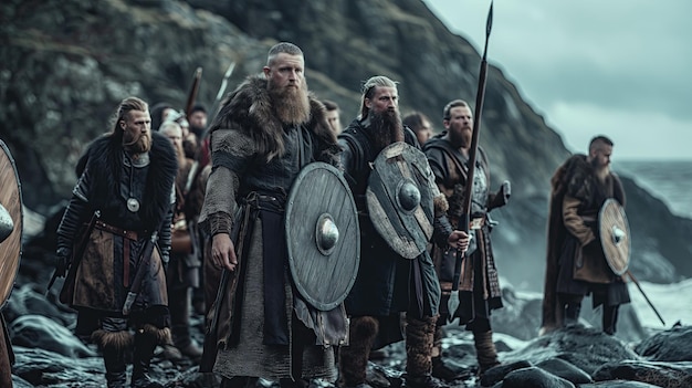 Photo viking warriors embark on epic battle at rocky shore mythological norse scene of fierce warriors s