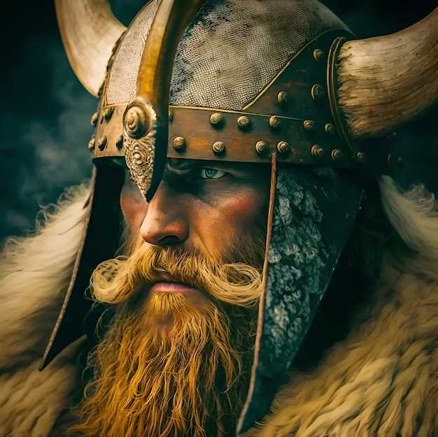 A viking with a beard and mustache stands in front of a dark background