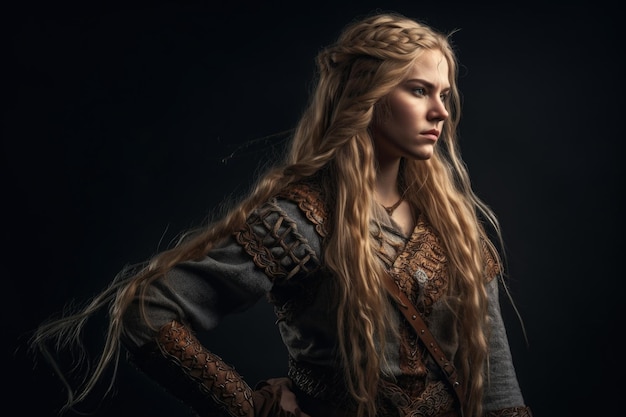 Viking woman with long blonde braided hair