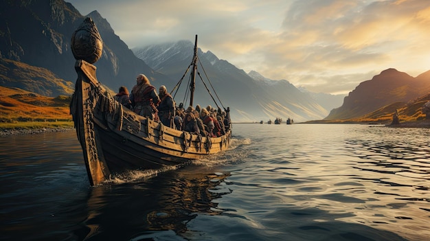 Vikingen op een boot in de fjord bij zonsondergang