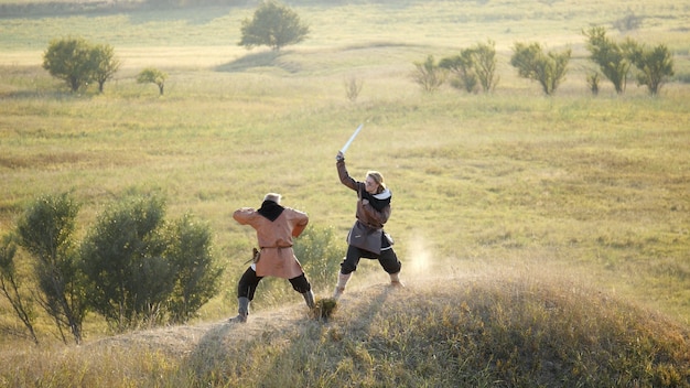 Vikingen vechten met zwaarden en schilden