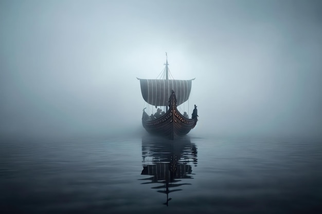 Vikingenboot in een mist-AI-generatie