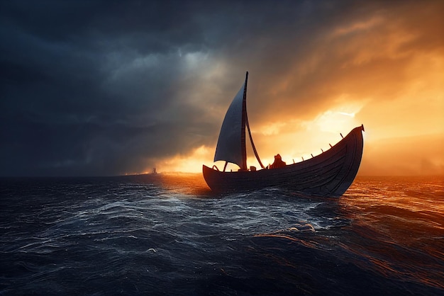 Vikings battle ship in the middle of stormy sea