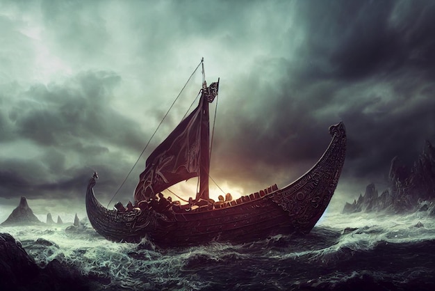 Vikings battle ship in the middle of stormy sea