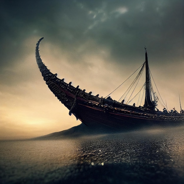 Vikings battle ship in the middle of stormy sea