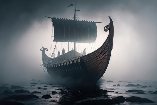 Vikings boat in a fog AI generation