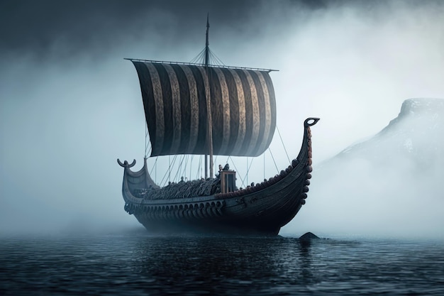 Photo vikings boat in a fog ai generation