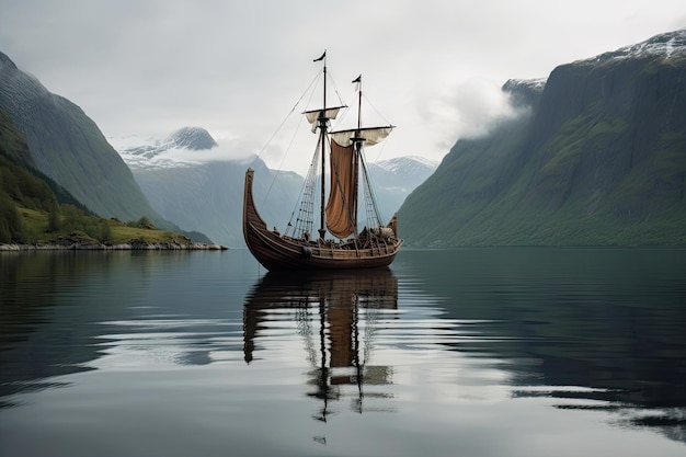 Vikingschip dat over een rustig meer glijdt met bergen op de achtergrond