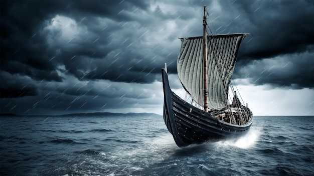 Vikingschip op een regenachtige dag gegenereerd door AI