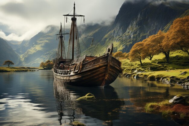 Vikingschip verankerd in de haven van de Lofoten-eilanden Hoogwaardige foto