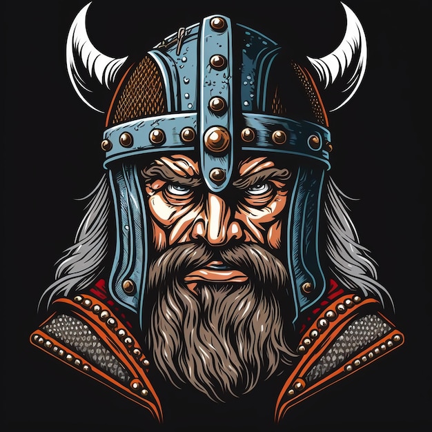 Foto vikingstrijder met baard en gehoornde helm.