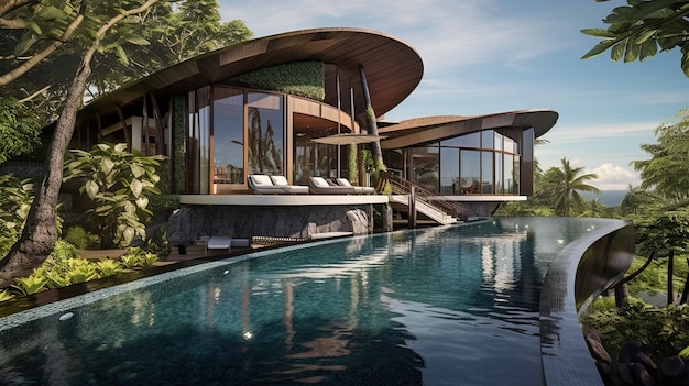 Villa in Bali Indonesia with a pool and forest view generated by AI