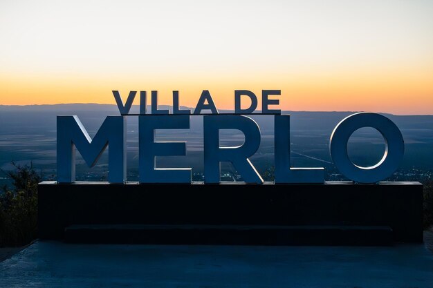 Villa de Merlo San Luis Argentina Welcome sign at sunset