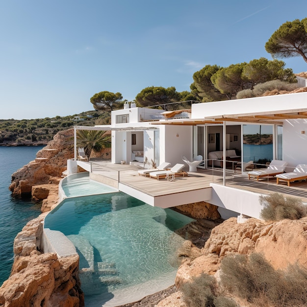 The villa is located on the coast, with a pool and a sea view.