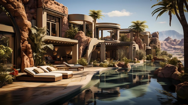 Photo the villa is nestled in a desert landscape offering modern comfort and arabic aesthetics