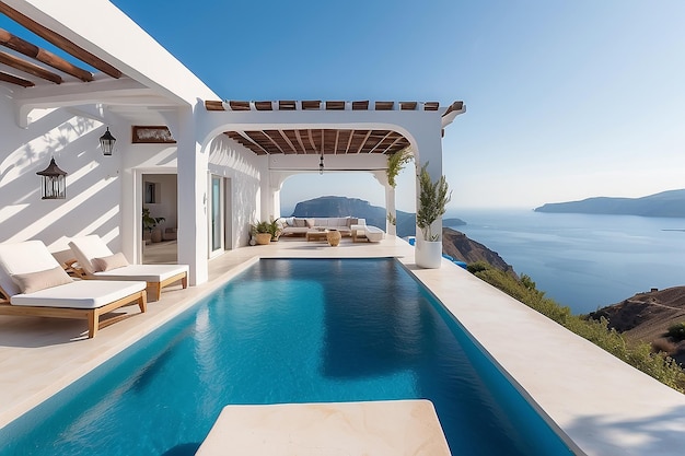 Villa pavilion santorini style with swimmimg pool and sea view summer concept