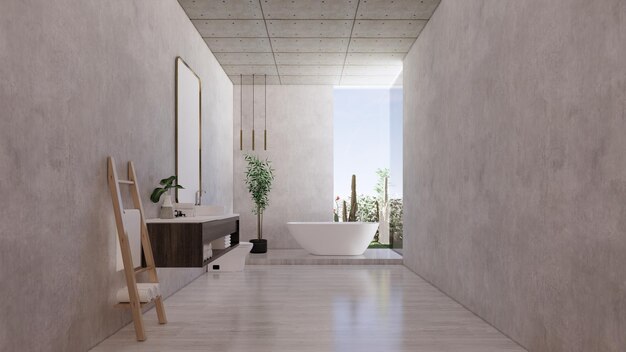 Villa toilet with glass window to see the garden view while bathing