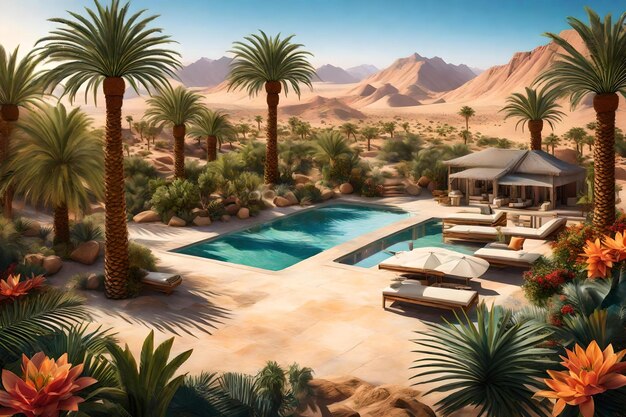 A villa with palm trees and a pool in the desert.